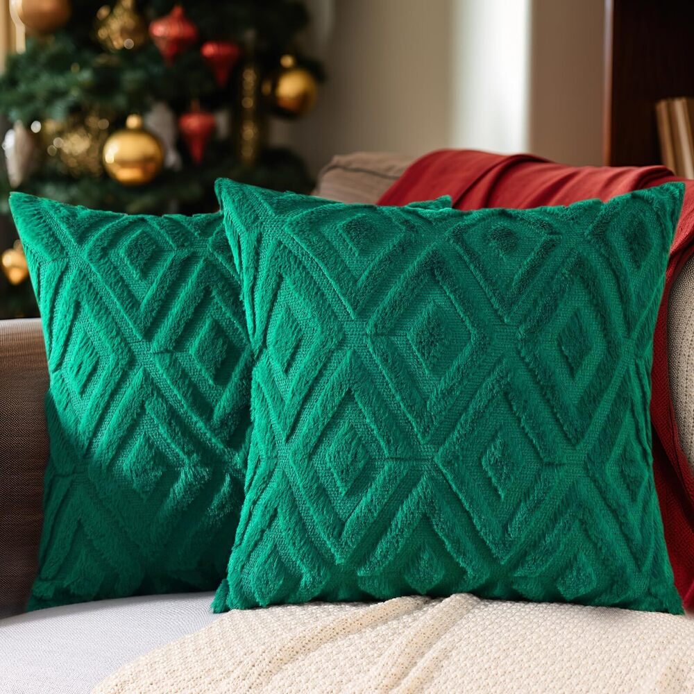 6781 Christmas Green Throw Pillow Covers 20x20 Set of 2, Soft Plush Faux